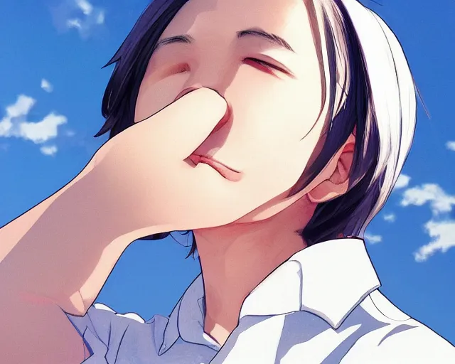 Image similar to teen looking at blue sky, wearing white shirt, cool pose, sharp details, sharp focus, detailed face, illustration, by pine ( ハイネ ) and 薯 子 imoko and 香 川 悠 作 and wlop and maya takamura, highly detailed, trending artstation, pixiv, digital art