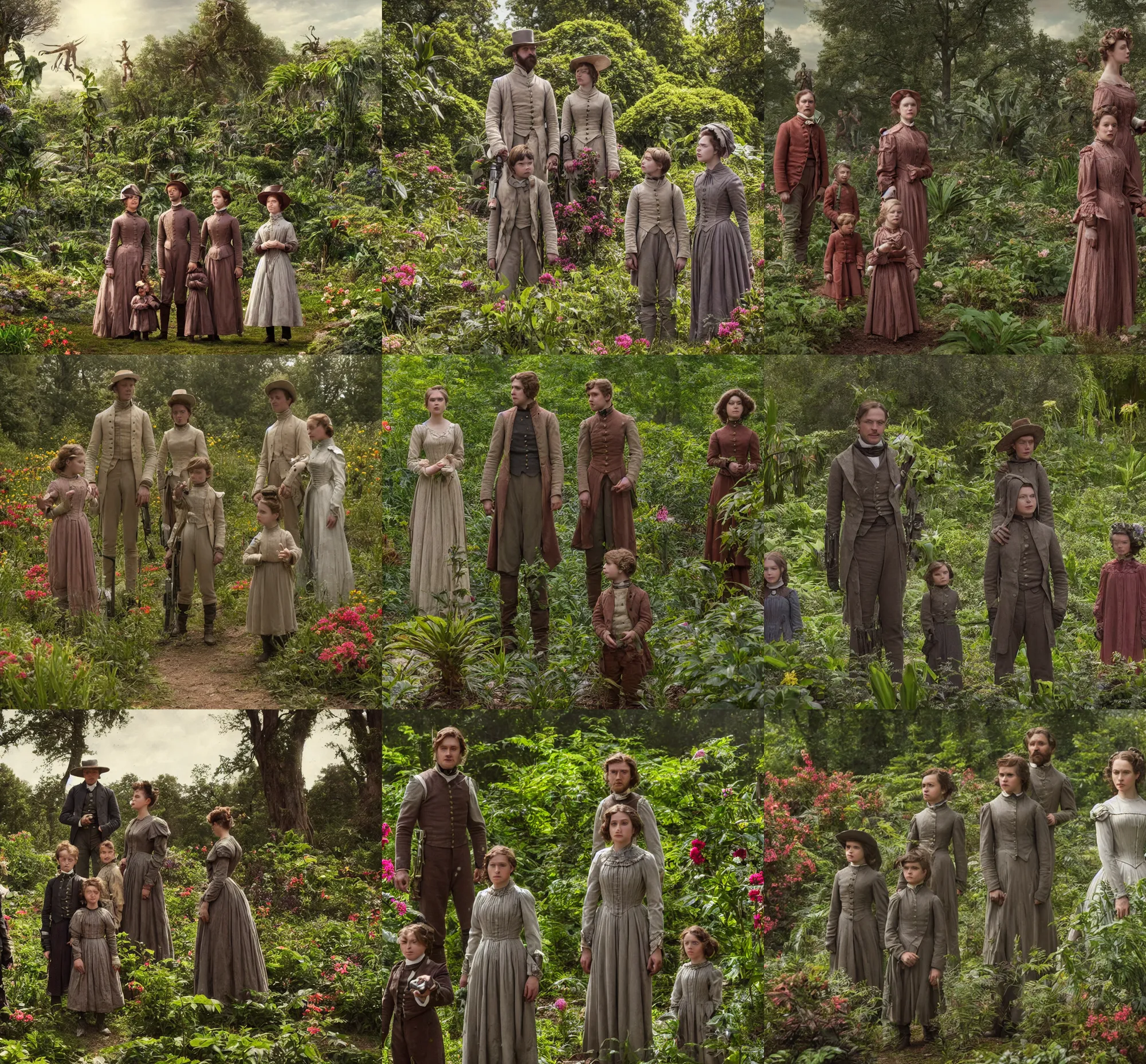 Prompt: sharp, highly detailed, film from a 2 0 1 9 sci fi 1 6 k movie, set in 1 8 6 0, family standing in a park on a strange alien planet, surrounded by alien plants and flowers, wearing 1 8 6 0 s clothes, good lighting, in focus, reflective eyes, 3 5 mm macro lens, live action, nice composition