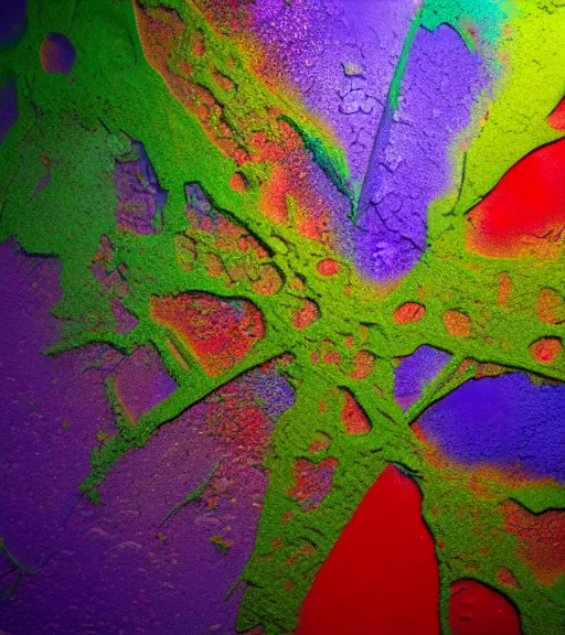 Image similar to mold corrosion abstract 3 d sculpture red purple green dark blue yellow cinematic lighting, highly detailed 8 k