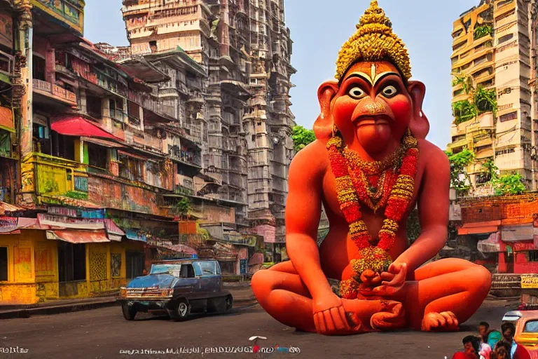 Image similar to high quality photo dreamscape! mumbai with biomorphic hanuman!! head building, kalighat, octane highly detailed, cinematic smooth, stephen shore & john j. park, soft morning light, wide shot, high angle, uhd 8 k, deep focus