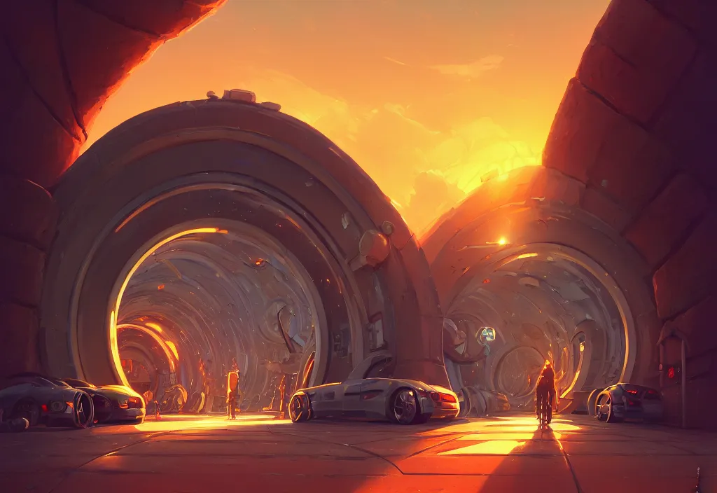 Image similar to chubby futuristic tunnel entrance, golden hour, intricate oil painting, high detail illustration, sharp high detail, manga and anime 1 9 9 9, official fanart behance hd artstation by jesper ejsing and makoto shinkai, 4 k,