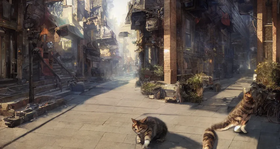 Image similar to craig mullins and ghibli digital art of american city, street, 1 9 2 0, sunset alley, the half - human, half - cat monster watches you, its body hidden in the shadow unreal engine, hyper realism, realistic shading, cinematic composition, realistic render, octane render, detailed textures, photorealistic, wide shot