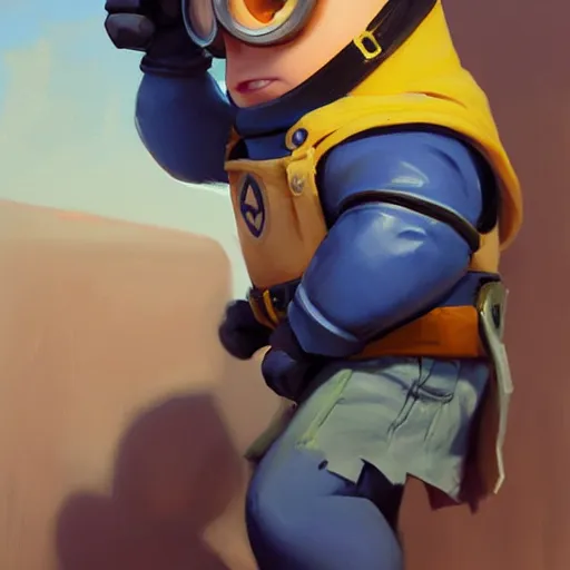 Image similar to greg manchess portrait painting of minion stuart as overwatch character, medium shot, asymmetrical, profile picture, organic painting, sunny day, matte painting, bold shapes, hard edges, street art, trending on artstation, by huang guangjian and gil elvgren and sachin teng