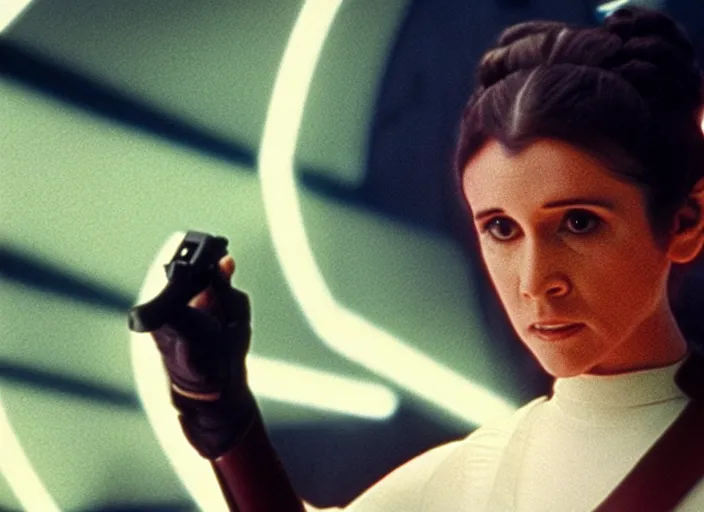 Image similar to screenshot portrait solo shot of Princess Leia training to use a yellow lightsaber at a new Jedi Temple scene from The Force Awakens, 1970s film by Stanley Kubrick, serene, iconic scene, stunning cinematography, hyper detailed, sharp, anamorphic lenses, kodak color film, 4k