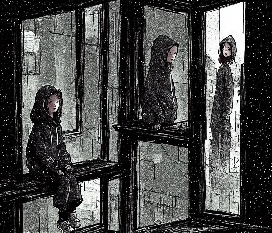 Prompt: outdoors : sadie sink in hoodie sits on windowsill, knees tucked in | rain falls at night : storyboard, scifi cyberpunk. by gabriel hardman, joe alves, chris bonura. cinematic atmosphere, detailed and intricate, perfect anatomy