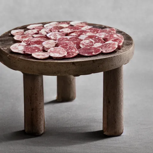 Prompt: a round salami bench, studio photography, 5 0 mm