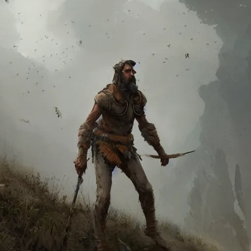 Prompt: a skinny weak male hunter from Stone Age, trying to survive surrounded by bees Greg Rutkowski and Raymond Swanland, Trending on Artstation, cloudy background, ultra realistic digital art