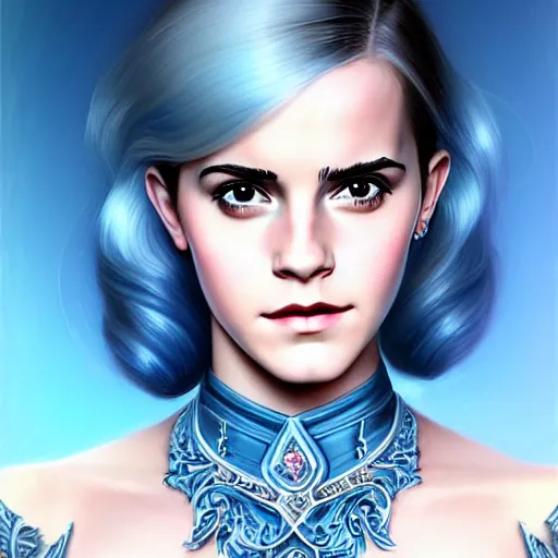 Image similar to Emma Watson's face combined with Grace Kelly's face with blue hair wearing Final Fantasy Armor, western, D&D, fantasy, intricate, elegant, highly detailed, digital painting, artstation, concept art, matte, sharp focus, illustration, art by Artgerm and Greg Rutkowski and Alphonse Mucha