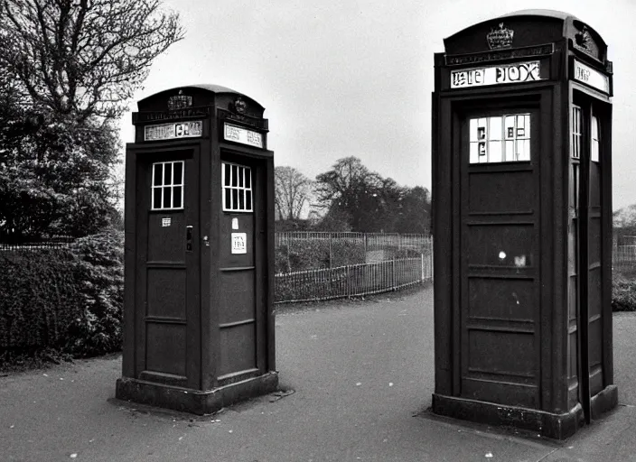 Prompt: photo of a metropolitan police box in suburban london, police box, 1930s, sepia, blurry, faded