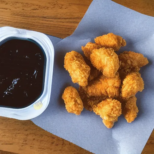 Prompt: photo of a farm chicken eating McDonalds chicken nuggets