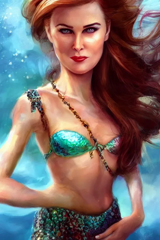 Prompt: mix of beautiful young maria shriver, mariel hemmingway, brooke shields, nicole kidman and elle macpherson as a mermaid, thin lips, hair tied up in a pony tail, brunette hair, colorful, artstation, cgsociety