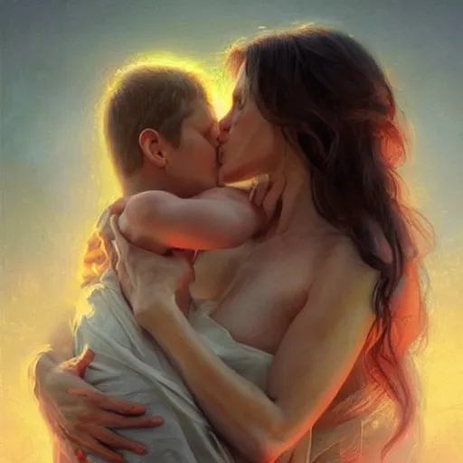 Prompt: epic masterpiece of cinematographic hyperrealism where a heart of love appears inside the heart there is a mother hugging her son. realistic shaded lighting poster by craig mallismo, artgerm, jeremy lipkin and michael garmash, unreal engine, radiant light, detailed and intricate environment, digital art, art station trends