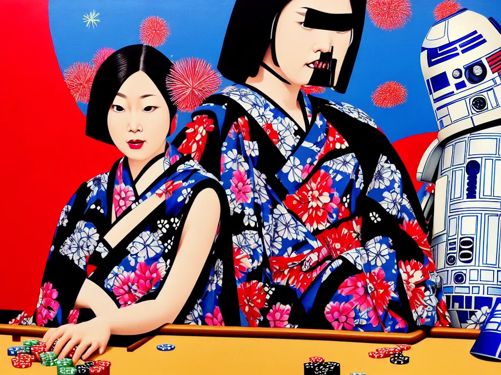 Image similar to hyperrealistic composition of the detailed woman in a japanese kimono sitting at a poker table with detailed darth vader and r 2 d 2, fireworks, mount fuji on the background, pop - art style, jacky tsai style, andy warhol style, acrylic on canvas