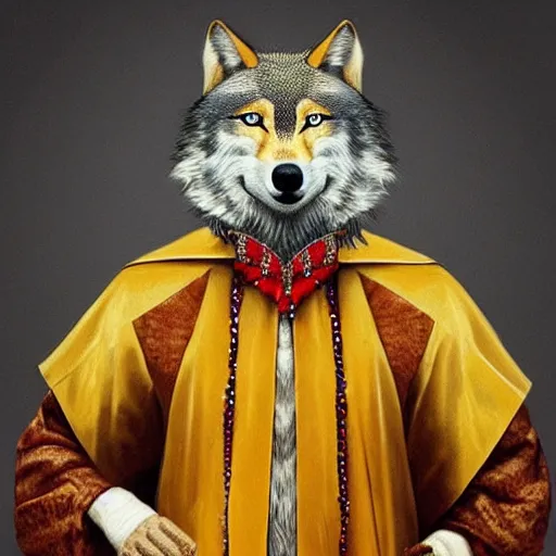 Image similar to award-winning. hyper-realistic. Anthropomorphic wolf in ceremonial robes. Portrait.