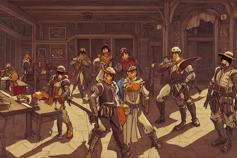 Prompt: cel - shaded establishing shot of a rag - tag team of mercenaries in an old tavern in a late renaissance city, key visual with intricate linework, in the style of moebius, ayami kojima, 9 0's anime, retro fantasy