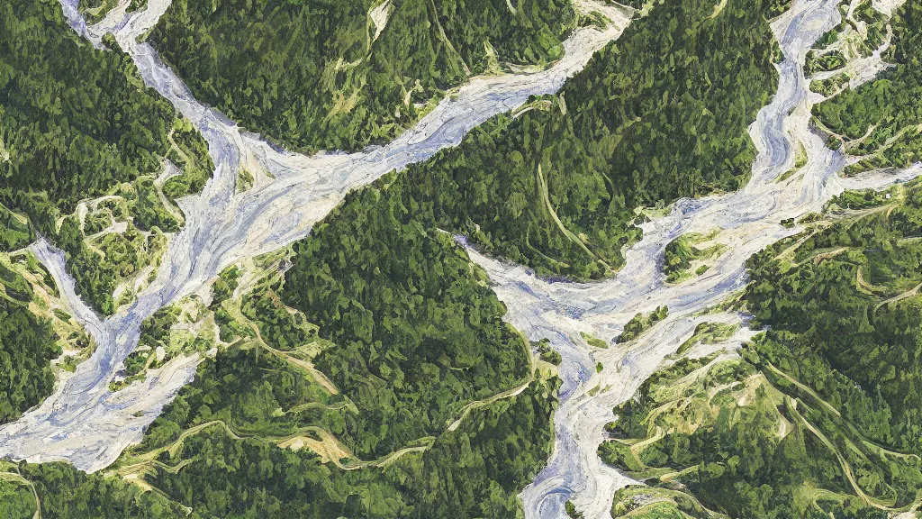 Prompt: High-Quality realist painting of a river crossing a valley in the Alps, isometric aerial view, peaceful, very detailed, digital art.