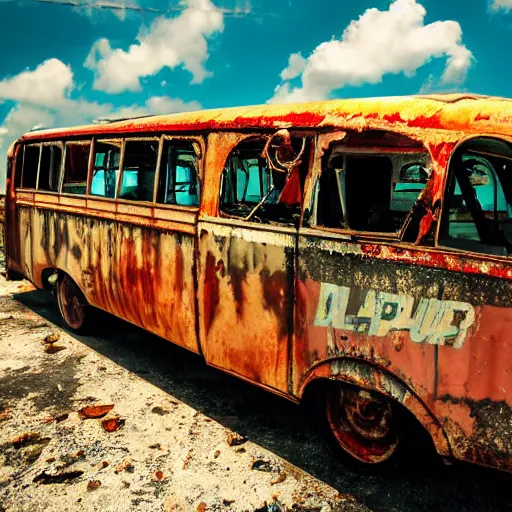 Image similar to wide angle shot of dilapidated fallout 5 miami, tropical coastal city, desolate, dilapidated, just a rusted retro futuristic vintage parked vehicles like cars, buses, trucks, trams, sunny weather, few clouds, volumetric lighting, photorealistic, daytime, spring, 4 0 0 0 k sharp focus, ultra detailed