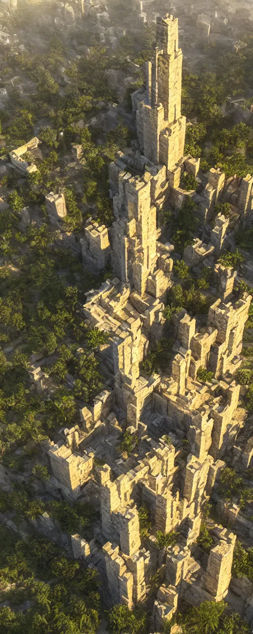 Image similar to single tower, golden babylon tower, beight stone, sacred ancient architecture, hanging gardens, cascading highrise, arid mountains with lush palm forest, sunlight, post - production, octane, cgi, sfx