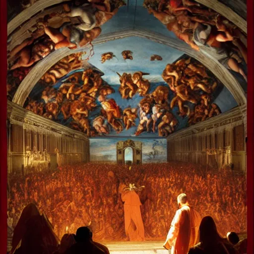 Image similar to the sistine chapel's ceiling is broken in half as a red magical portal from hell opens up, lucifer morningstar emerges along with a few demons, the priests and the pope look at the scene with terror in their eyes. highly detailed painting by gaston bussiere, greg rutkowski, craig mullins 8 k