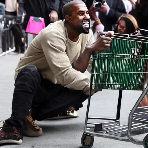 Image similar to kanye west sitting in a shopping cart grinning