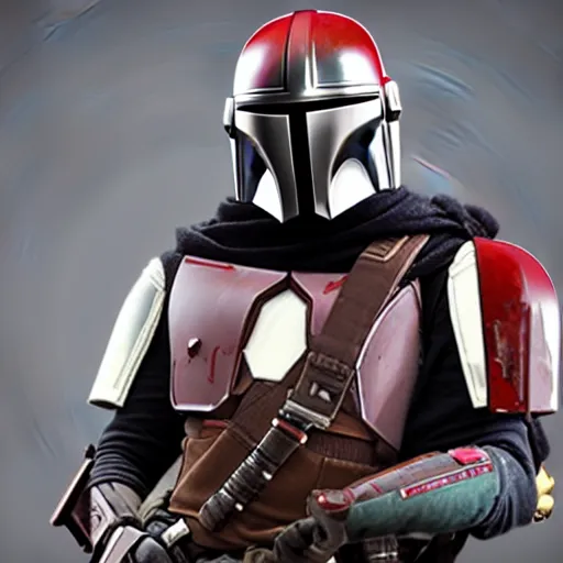 Prompt: realistic mandalorian holding a small black box