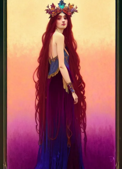 Prompt: ombre velvet gown, feathers, vivid colors, lovely dark autumn princess, portrait, long hair, tiara, jeweled choker, by alphonse mucha, brom, greg rutkowski, anato finnstark, global illumination, radiant light