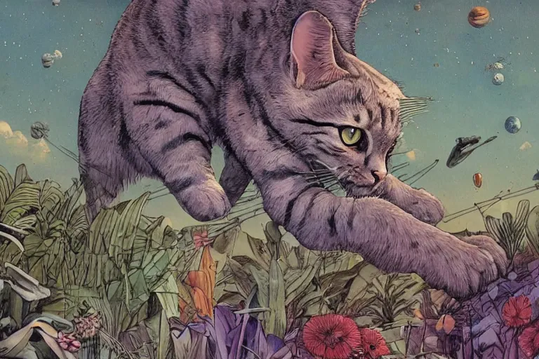 Prompt: gigantic cat floating in the space, a lot of exotic plants, trees, flowers, vintage sci - fi, newspaper grainy colors, flat surreal grainy design, super - detailed, painting by enki bilal and moebius, hd, 4 k, high quality