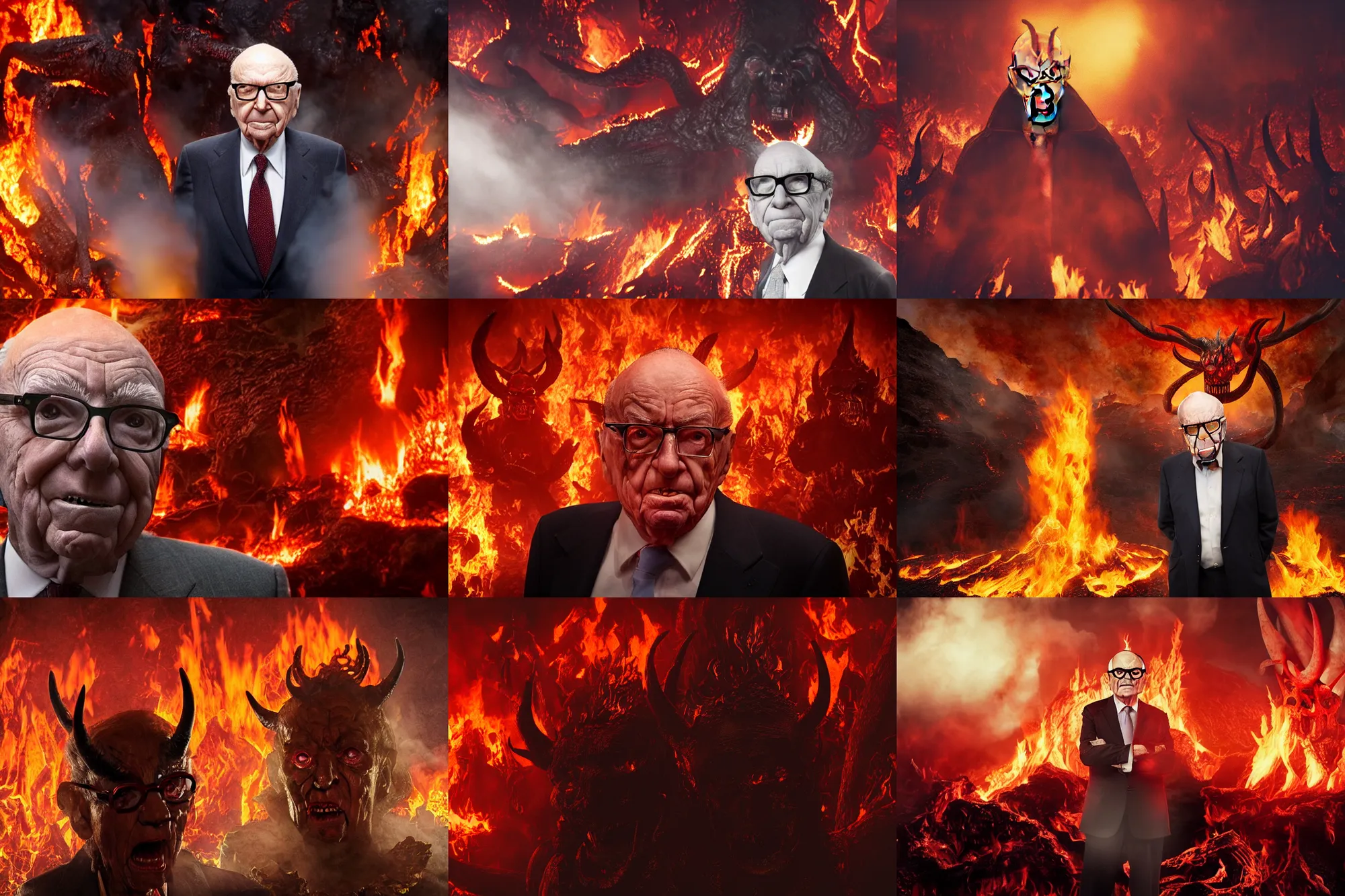 Prompt: Rupert Murdoch as a demon with horns wearing glasses, standing in hell surrounded by fire and flames and lava and brimstone and his demonic army, volumetric fog, portrait photography, depth of field, bokeh