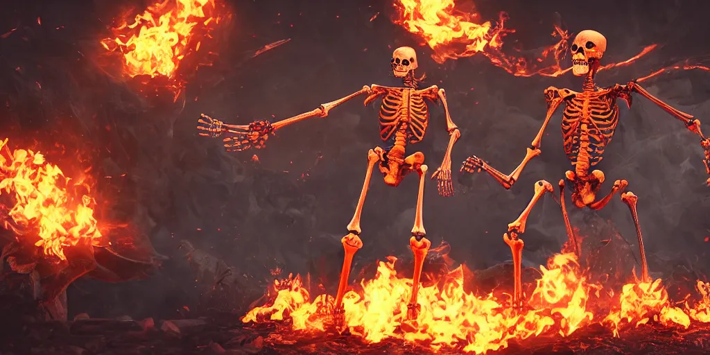 Prompt: Skeleton on fire flipping the camera off with his middle finger, realistic 4k octane beautifully detailed render, 4k post-processing, highly detailed, intricate complexity, epic composition, magical atmosphere, cinematic lighting, masterpiece, ultra hd