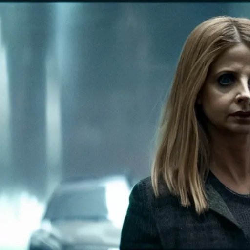 Prompt: Sarah gellar in bladerunner 2049, scary scene,