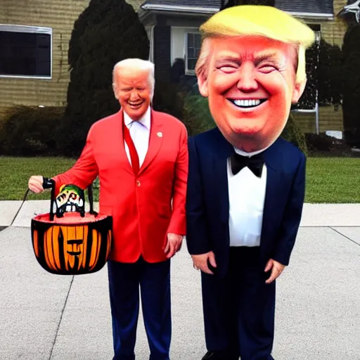 Image similar to tiny donald trump going trick or treating with joe biden, award winning photo