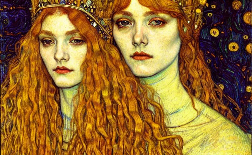 Image similar to detailed realistic beautiful young medieval queen face portrait by jean delville, gustav klimt and vincent van gogh, art nouveau, symbolist, visionary, gothic, pre - raphaelite, muted earthy colors, desaturated