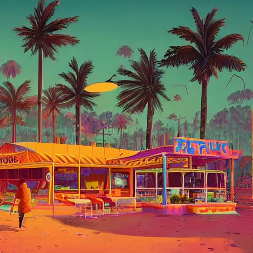 Image similar to inside psychedelic beachfront fast food restaurant with palm trees by simon stalenhag