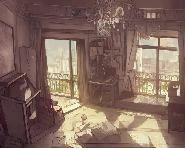 Image similar to environmental illustration of an interior wide angle shot of a bedroom overlooking the streets in a late renaissance city | | anime key visual, official media, illustrated by wlop, extremely detailed, 8 k, trending on pixiv, cinematic lighting, beautiful