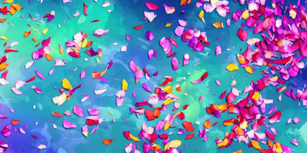 Prompt: background art of spaciously scattered multi colored flower petals flowing through the air from left to right on a clean background, anime, artgerm, manga, trending on artstation, art nouveau, large and medium petals