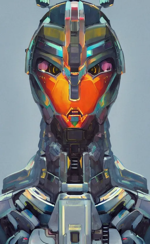 Image similar to upper half portrait of colourful army mecha robot, art by hsiao - ron cheng, highly detailed, digital painting, concept art, illustration, smooth sharp focus, intricate, symmetry, artstation,