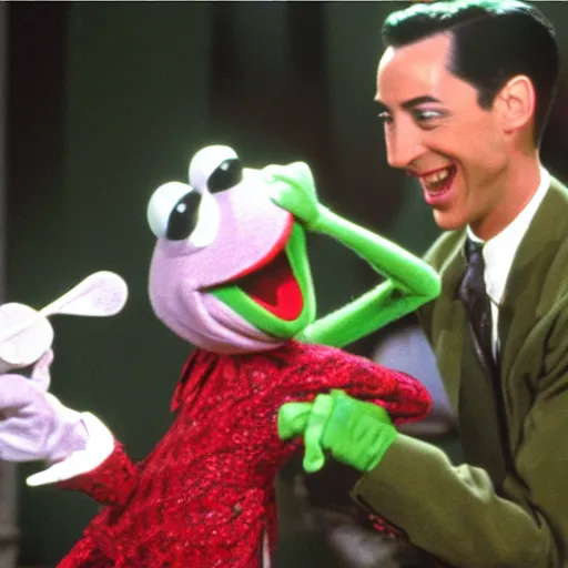 Image similar to kermit the frog fighting pee wee herman,