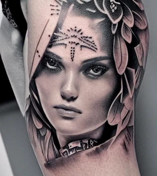 Image similar to tattoo design on white background of a beautiful girl warrior, hyper realistic, amazing detail, inspired by eliot kohek