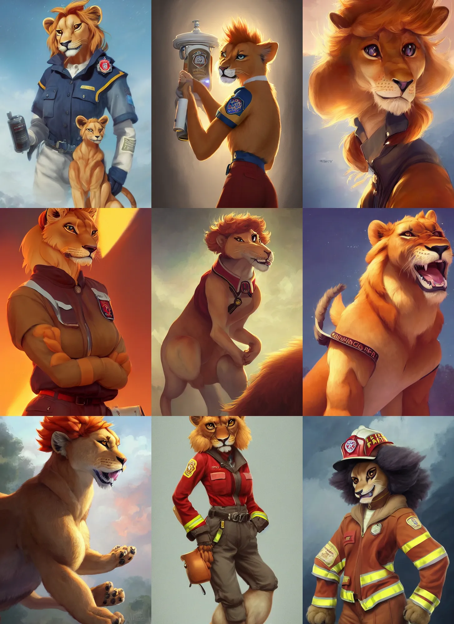 Prompt: beautiful portrait of a female anthropomorphic lioness fursona wearing a firefighter uniform. character design by disney, charlie bowater, ross tran, artgerm, and makoto shinkai, detailed, soft lighting, rendered in octane