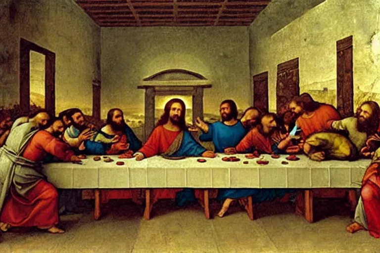 Prompt: Jesus breakdancing in front of the last supper painting by Leonardo da Vinci, renaissance style,