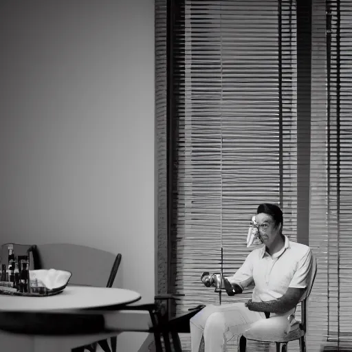 Image similar to Epic Masterpiece wide angle of noir detective standing in apartment holding a bottle of alcohol, venetian blinds in the background, table and chairs against the wall, black and white, drawn by norman rockwell, james jean, background by James Jean, 4k, hdr, octane render, hyperrealistic