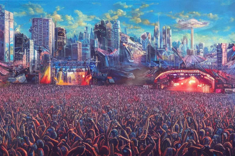 Prompt: 4 k hyper realistic oil painting of 1 9 8 0 s city at a music festival, huge stage and a big speaker array in the sky booming heavy metal music, a band of heavy metal playing on stage, detailed painting in the style of axel aabrink