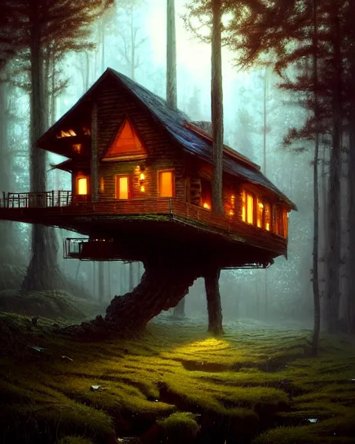 Image similar to a hyper - detailed 3 d render like an oil painting of cabin in the woods floating inside our own consciousness!!!!! surreal concept art, lifelike, photorealistic, digital painting, aesthetic, smooth, sharp focus, artstation hd, by greg rutkowski, bruce pennington, valentina remenar, rhads, asher duran,