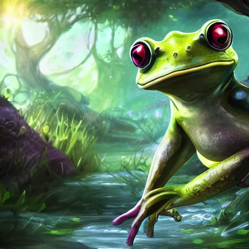 Image similar to beatiful art league of legends splash art of a frog in a swamp