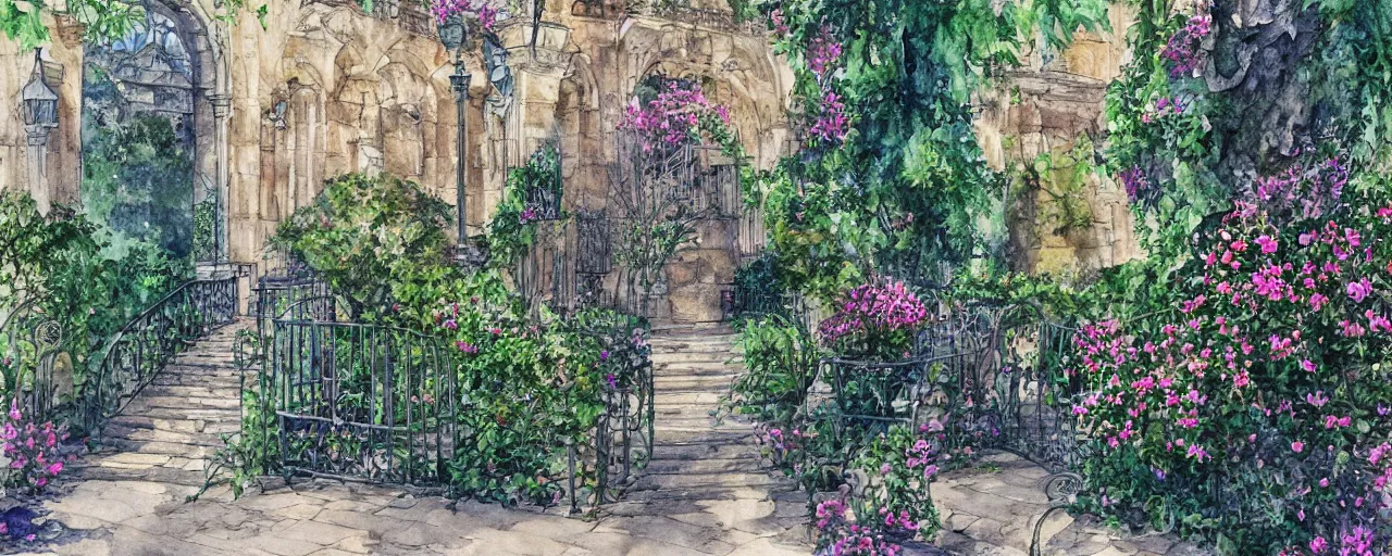 Image similar to huge flower, courtyard walkway, castle, stairway, chairs, wrought iron, gate, tree, delicate, botanic garden, road, botanical herbarium paper, watercolor colored painting, iridescent colors, 8 k, realistic shaded, fine details, artstation, italian style, colonnade