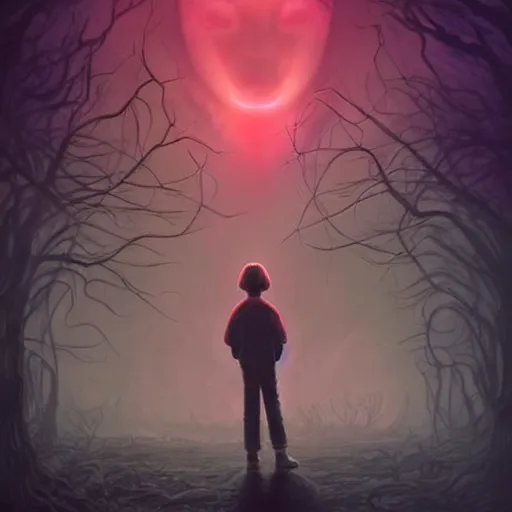Image similar to Stranger Things, Eleven standing in front of the gargantuan Mind Flayer from Stranger Things, stunning atmosphere, in Style of Peter Mohrbacher, moody night lighting