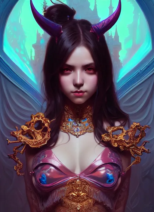 Image similar to hyper detailed ultra sharp of a beautiful devil girl. trending on artstation, dungeon, colorful, ornate, intricate, digital painting, concept art, smooth, sharp focus, illustration, art by artgerm and greg rutkowski and alphonse mucha, 8 k