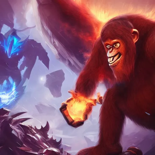 Image similar to league of legends splash art, an orangutan cyborg fights a balrog, high detail, artstation, artgerm