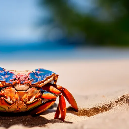 Prompt: a happy crab holding a beer in a beach, golden hour, bokeh, 4k