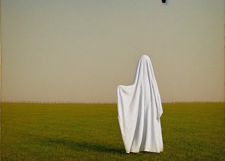 Image similar to white sheet ghost standing in an empty field, by jean charlot